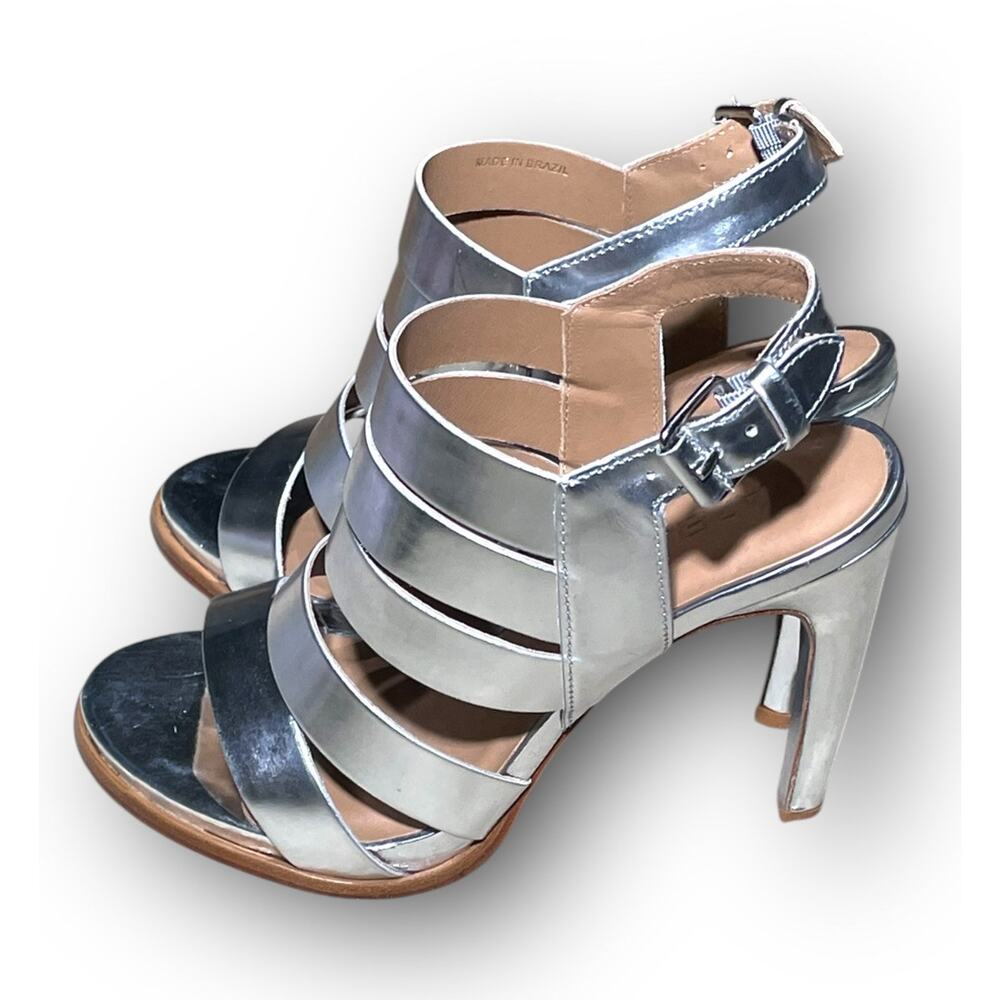 ATELJE 71 SOIRE MIRROR LEATHER‎ STRAPPY SANDAL SZ 6 Silver